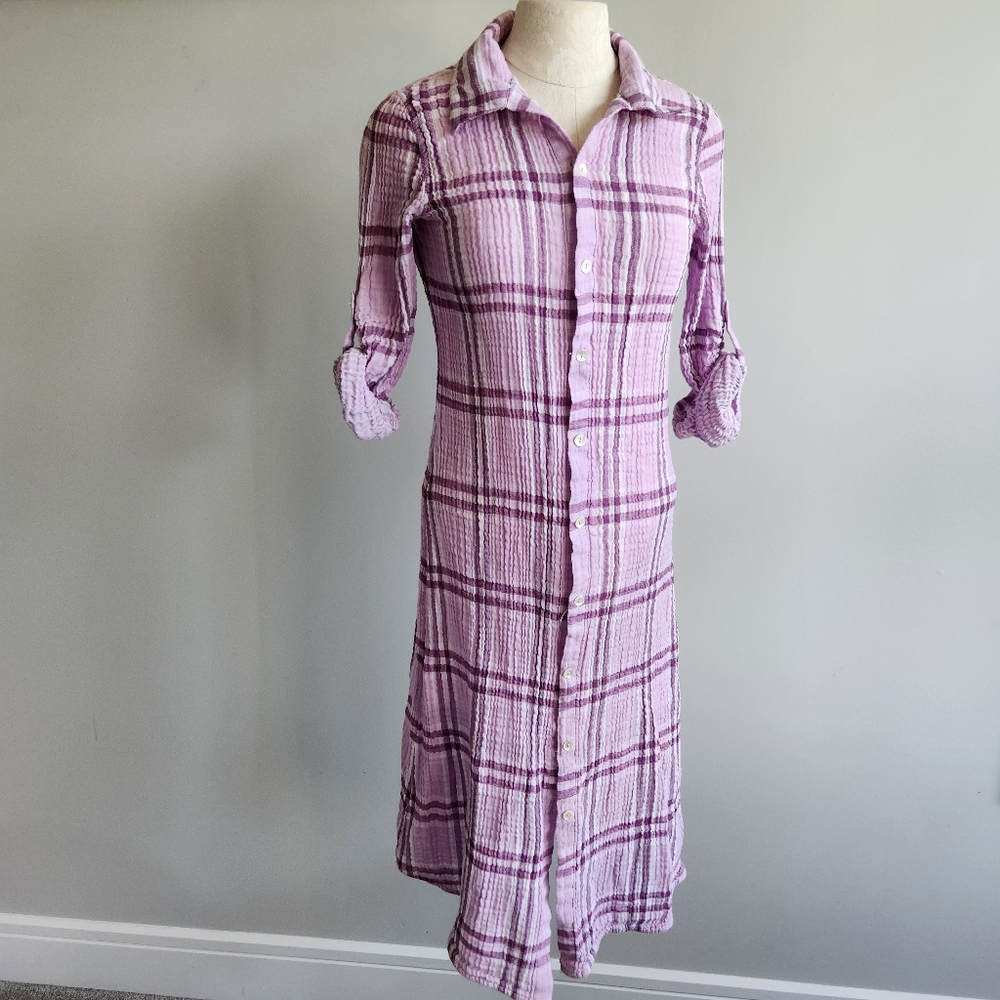 April Cornell Lavender Plaid Long Sleeve Button-Front Dress